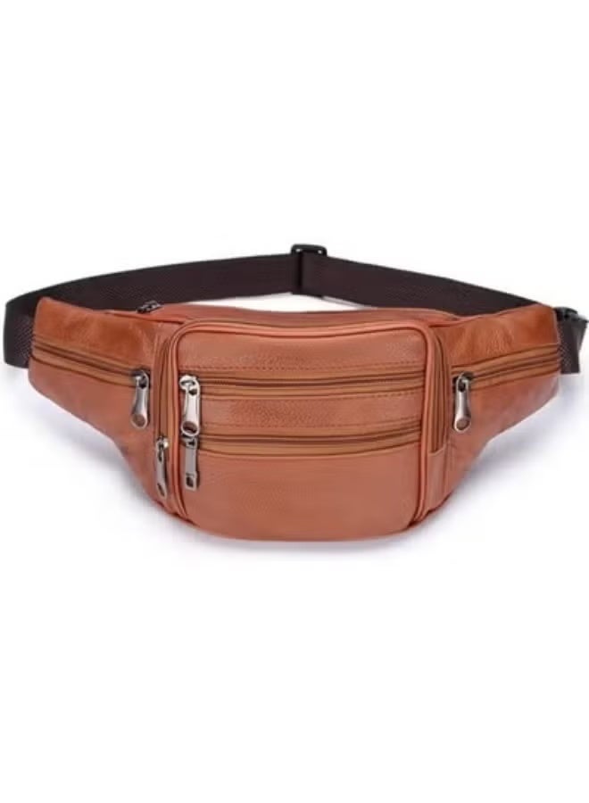 Men's genuine leather waist bag with multiple pockets - practical waist bag with strong metal zippers - stylish and lightweight design - ideal for keeping your mobile phone, wallet and keys safe while going out, traveling and daily errands (Havana) - Image 3